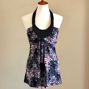 NWT Beaded Floral Print Studio Y Halter Top Small